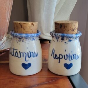 Aspirins Vitamins Small Pottery Jars Blue Cream Cork Lid Blue Heart Handpainted
